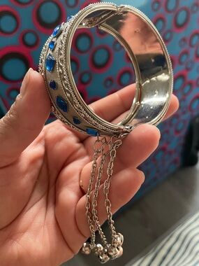 Silver-Tone Royal Blue Stone Bangle Bracelet with Dangle Chains